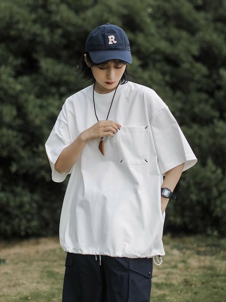 Japanese-Style Retro Cityboy Pocket Short-Sleeve T-Shirt for Men and Women - Summer Loose Casual Half-Sleeve Top