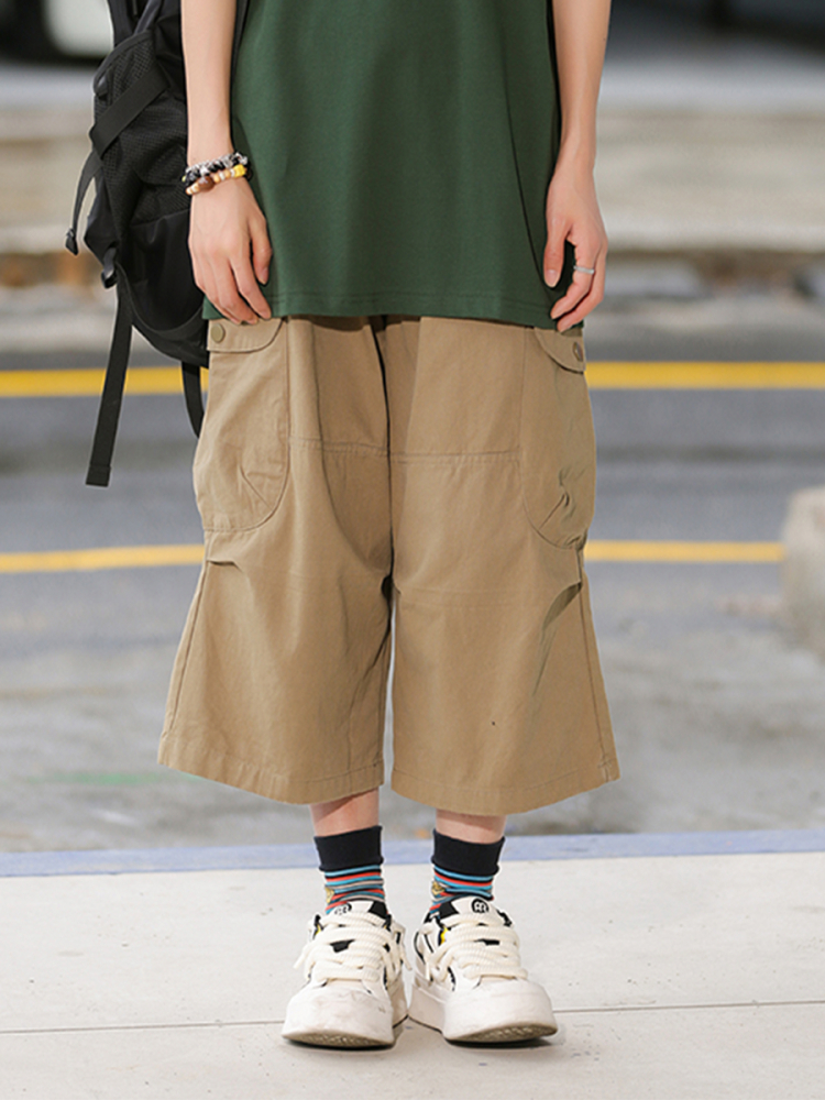 Japanese-Style Retro Loose Pocket Work Pants for Men and Women, Summer Street Fashion Casual Wide-Leg Cropped Trousers