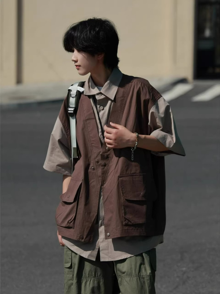 Japanese-Style Retro Patchwork Fake Two-Piece Color-Block Short Sleeve Shirt for Men and Women, Summer Casual Trend