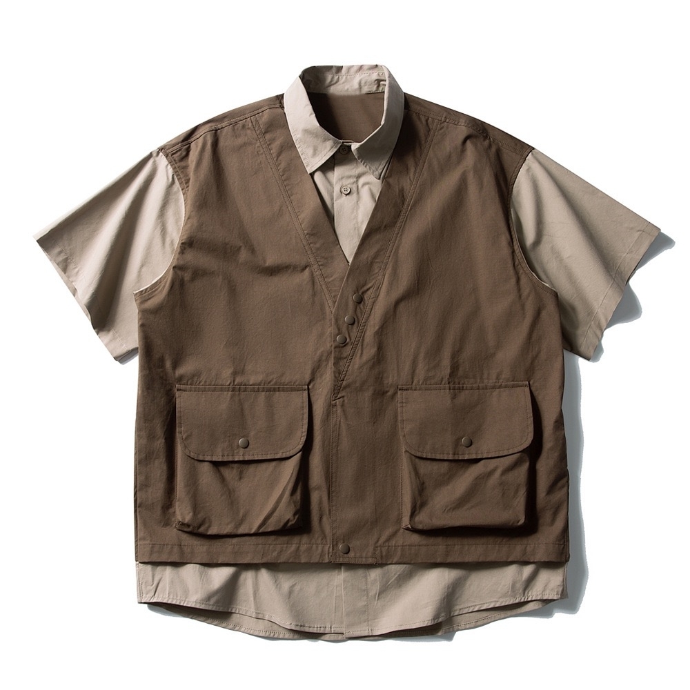 Japanese-Style Retro Patchwork Fake Two-Piece Color-Block Short Sleeve Shirt for Men and Women, Summer Casual Trend