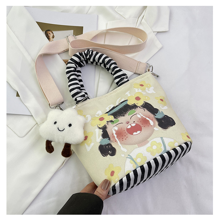 Japanese-Style Summer Canvas Handheld Bucket Bag for Women - Cute Cartoon Design, Versatile Crossbody & Shoulder Bag