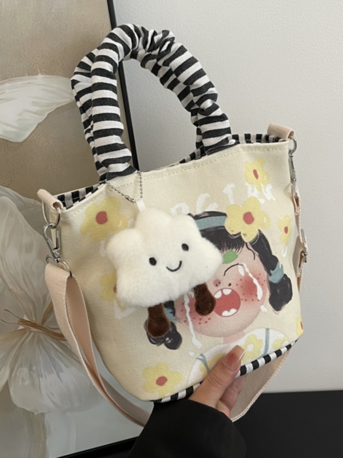 Japanese-Style Summer Canvas Handheld Bucket Bag for Women - Cute Cartoon Design, Versatile Crossbody & Shoulder Bag