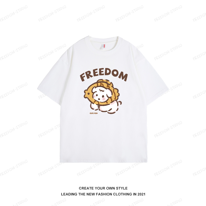 Japanese-style Taiyaki Dog Print Pure Cotton T-shirt for Women - 2025 New Summer Short Sleeve Casual Couple Outfit