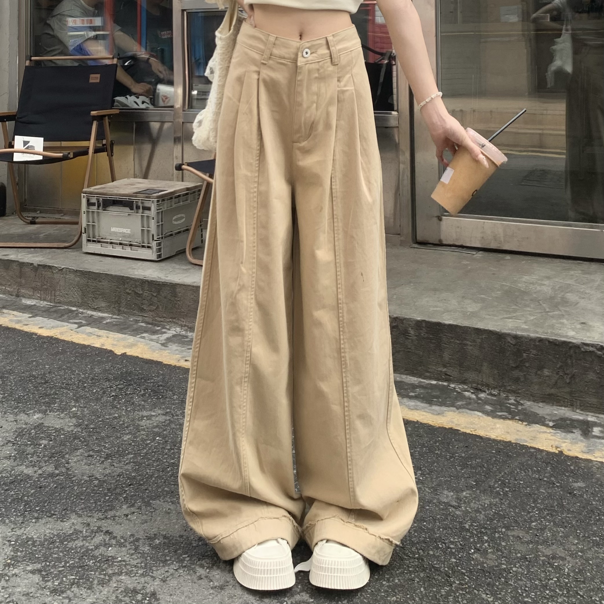 Khaki Draped Loose Straight Casual Pants for Women - Summer Korean Style Wide Leg Floor-Length Trousers