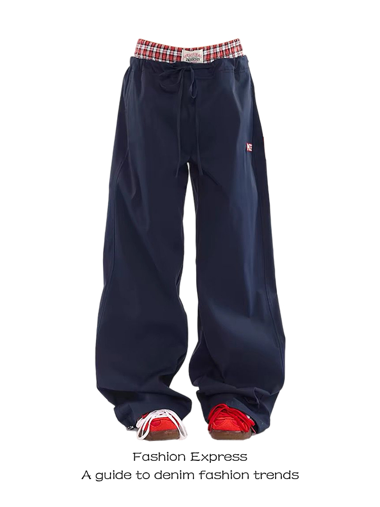 Klein Blue Double-Waist Spliced Faux Two-Piece Casual Pants - 2025 Low-Waist Straight Wide-Leg Style for Autumn & Winter