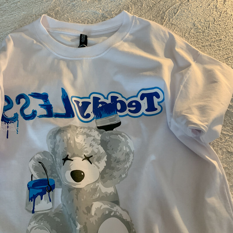 Klein Blue Teddy Bear Graphic Plus Size Short Sleeve T-shirt for Women and Men, Loose Fit Cotton Couple Top, Casual Streetwear