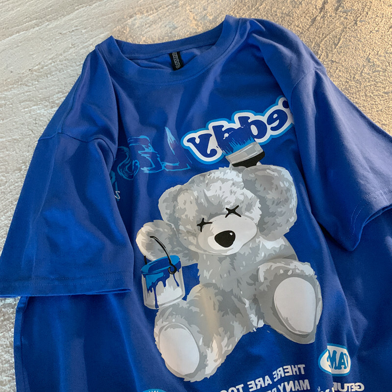 Klein Blue Teddy Bear Graphic Plus Size Short Sleeve T-shirt for Women and Men, Loose Fit Cotton Couple Top, Casual Streetwear