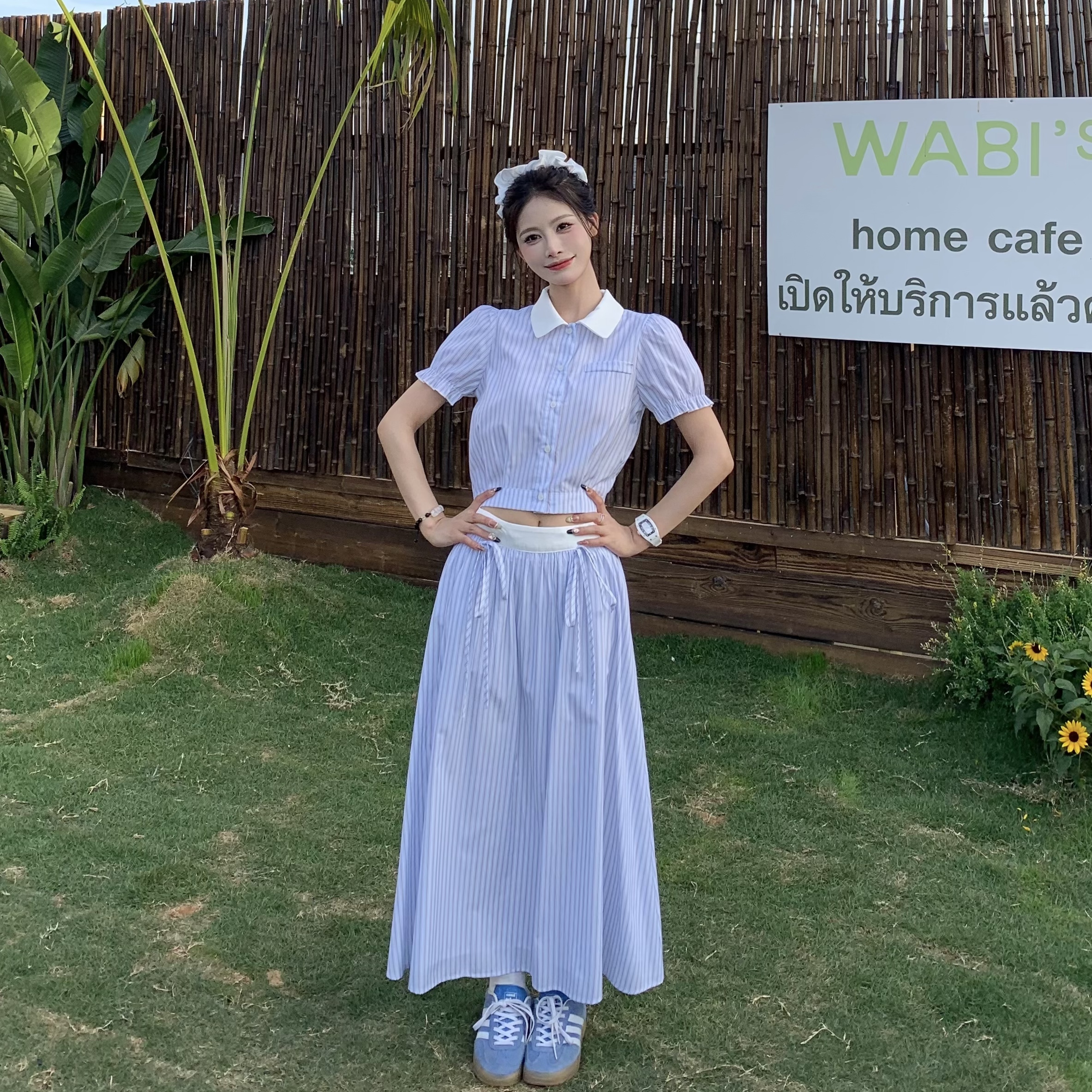 Korean Style Blue Striped Dress Set for Women - Sweet Sister Long Skirt Two-Piece Set - Summer 2025 Fashion