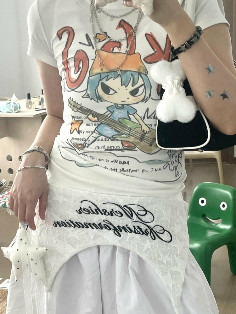 Korean Style Cartoon Print Comic Musician Slim-Fit Short-Sleeved High-Stretch Pure Cotton T-Shirt for Trendy Fashion Lovers