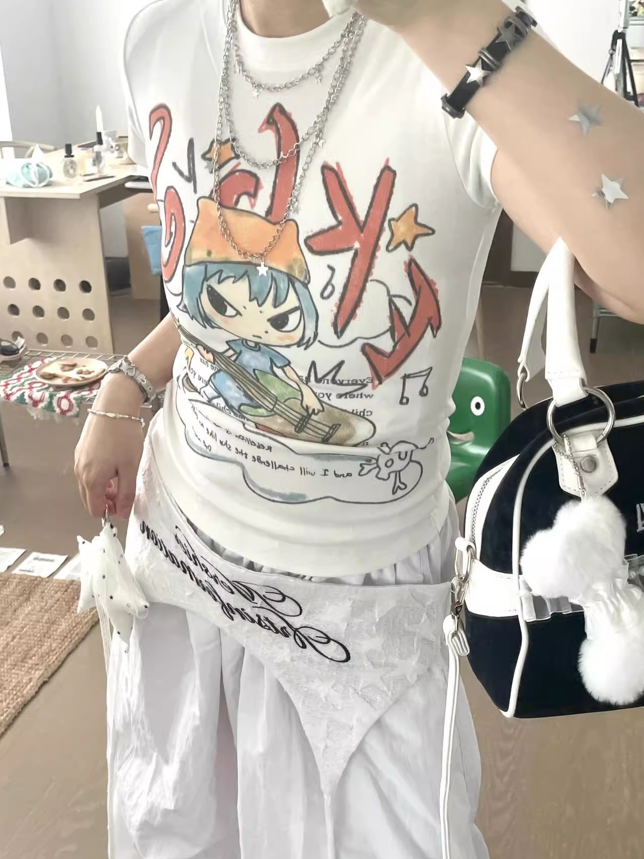 Korean Style Cartoon Print Comic Musician Slim-Fit Short-Sleeved High-Stretch Pure Cotton T-Shirt for Trendy Fashion Lovers