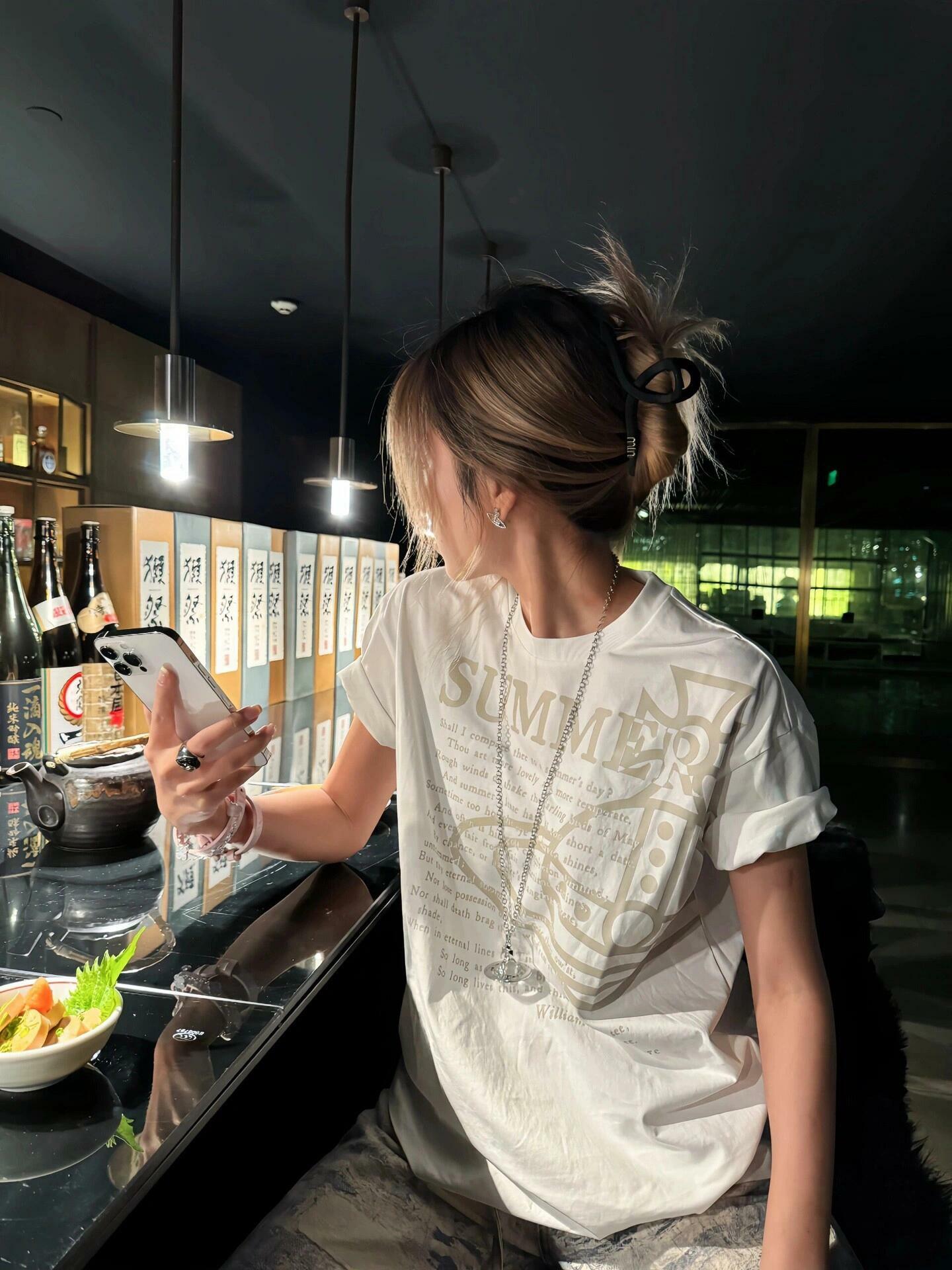 Korean Style Casual Letter Slogan Printed Loose Cotton Round Neck Short Sleeve T-Shirt for Women