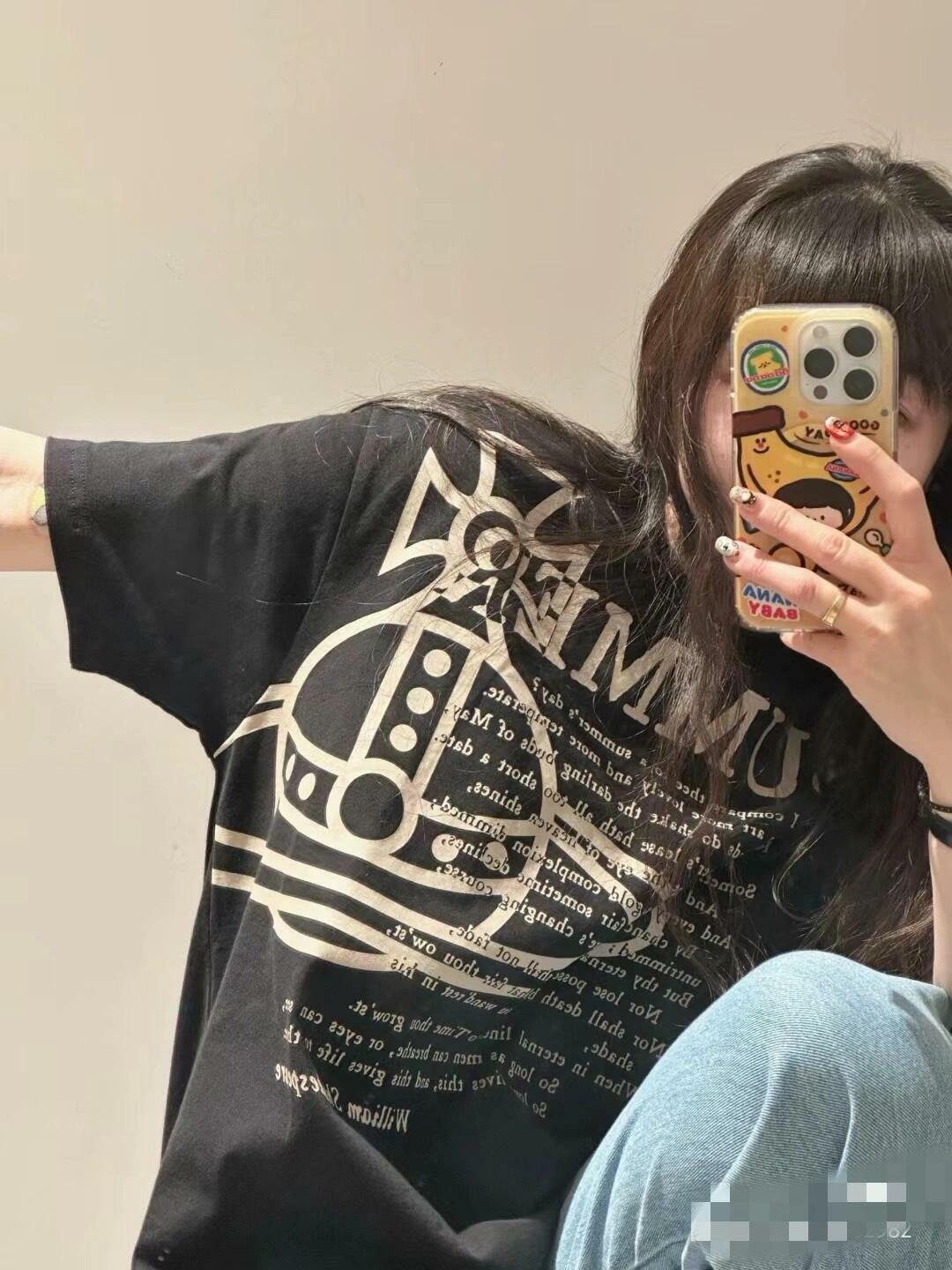 Korean Style Casual Letter Slogan Printed Loose Cotton Round Neck Short Sleeve T-Shirt for Women