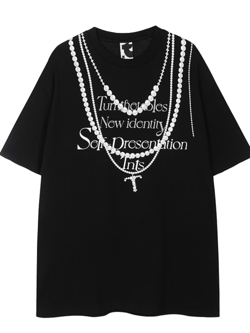 Korean Style Casual Unisex T-Shirt with Slogan Print and Pearl Necklace Design, Loose Fit Pure Cotton for Comfortable Everyday Wear