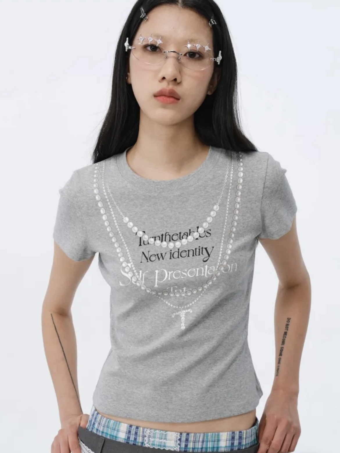 Korean Style Creative Pearl Necklace Slogan Short-Sleeved Slim-Fit High-Stretch Cotton T-Shirt