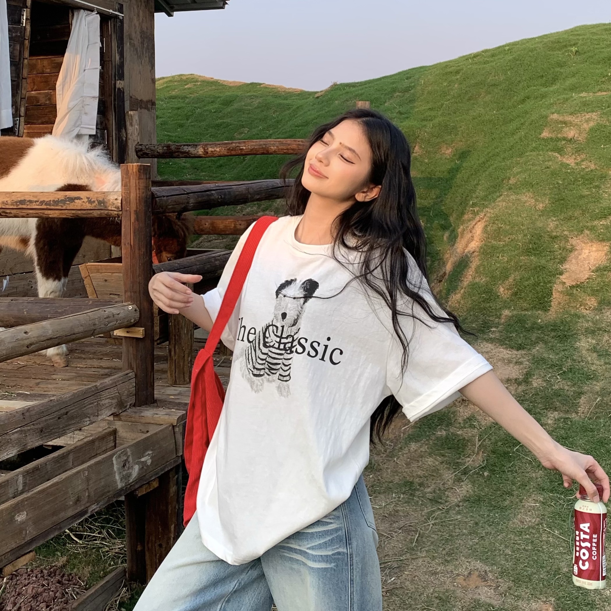 Korean Style Dog Print Round Neck Short Sleeve T-Shirt for Women - 2025 Summer Loose Slim Fit Top