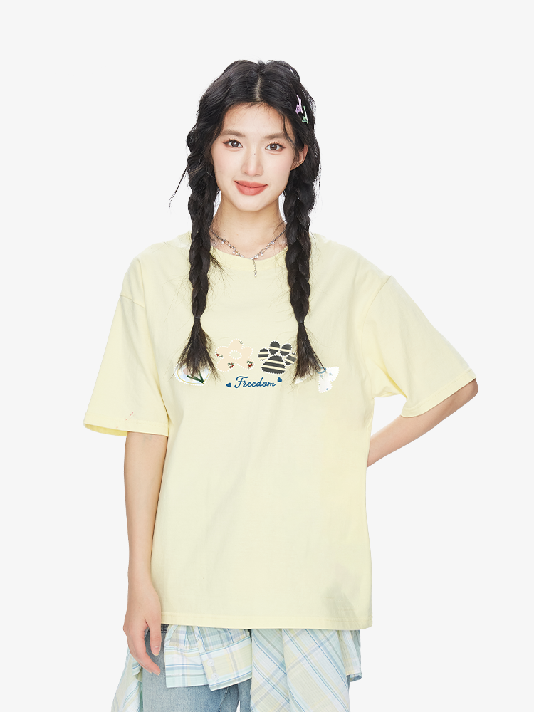 Korean Style Floral Pattern Short-Sleeve T-Shirt for Women, 2025 Minimalist Pure Cotton Top, Casual 90s Fashion