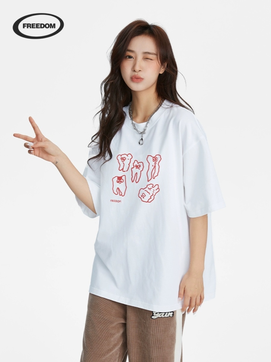 Korean Style Fun Teeth Print Pure Cotton Short Sleeve T-Shirt for Women - Cute Summer Cartoon Tee