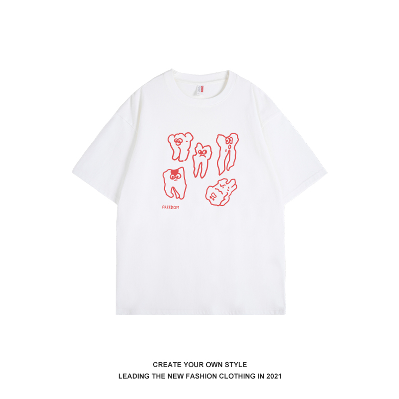 Korean Style Fun Teeth Print Pure Cotton Short Sleeve T-Shirt for Women - Cute Summer Cartoon Tee