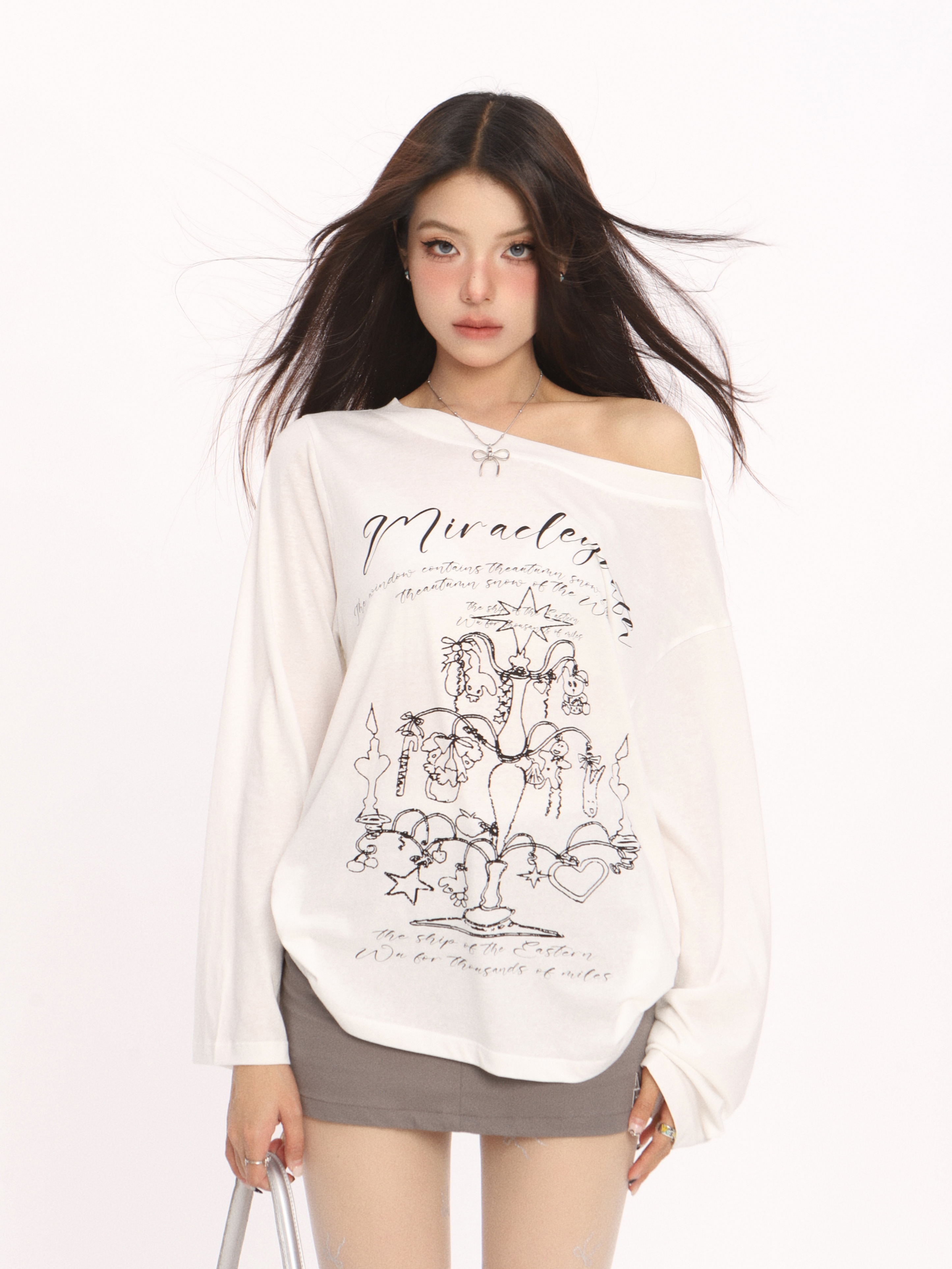 Korean Style Graffiti Off-Shoulder Long Sleeve T-Shirt for Women - Summer Sun Protection Cover-Up, Lightweight & Airy