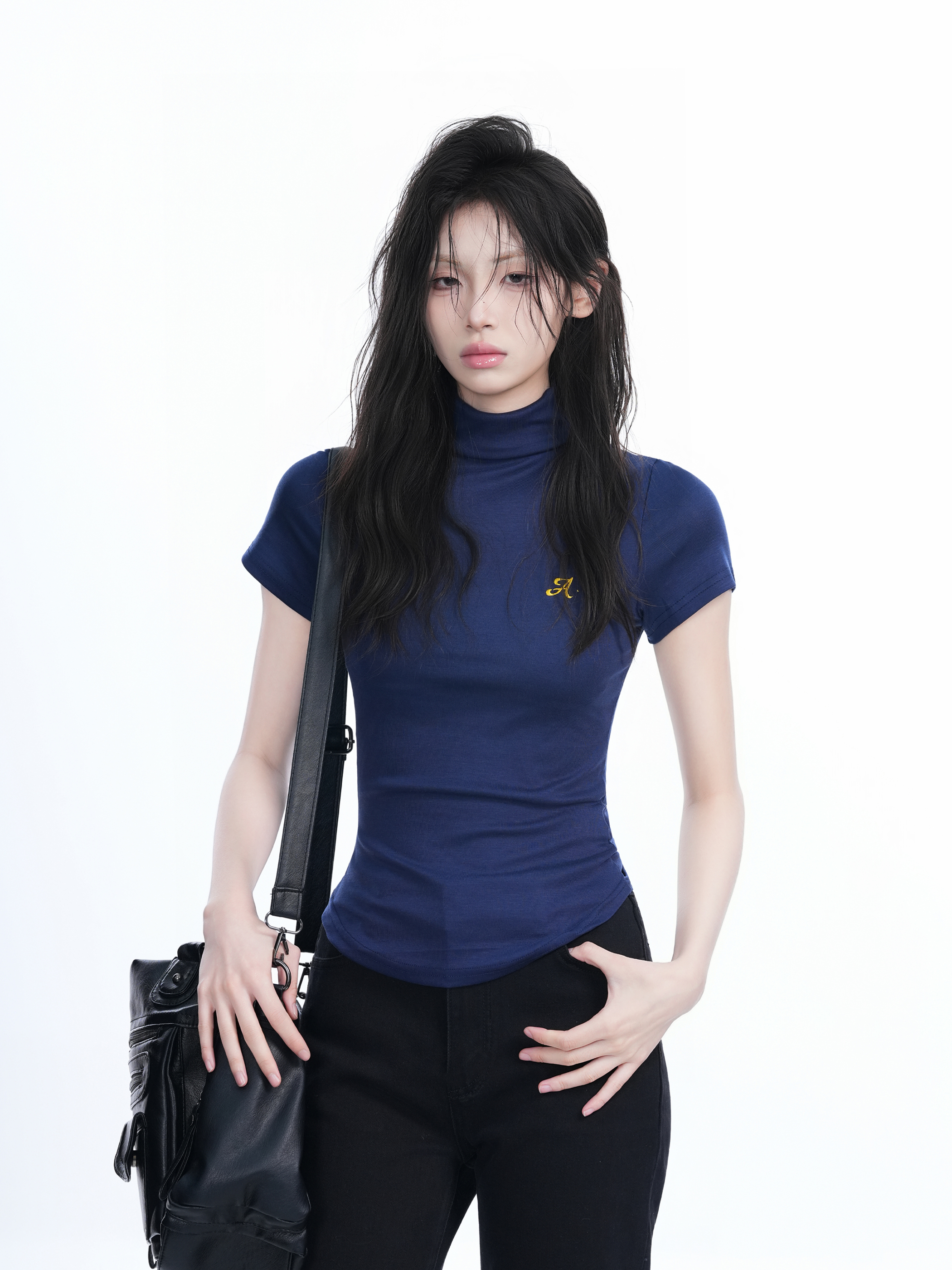 Korean-Style High-Neck Embroidered Short Sleeve T-Shirt for Women – Trendy Fitted Top for Spicy Y2K Fashion Lovers