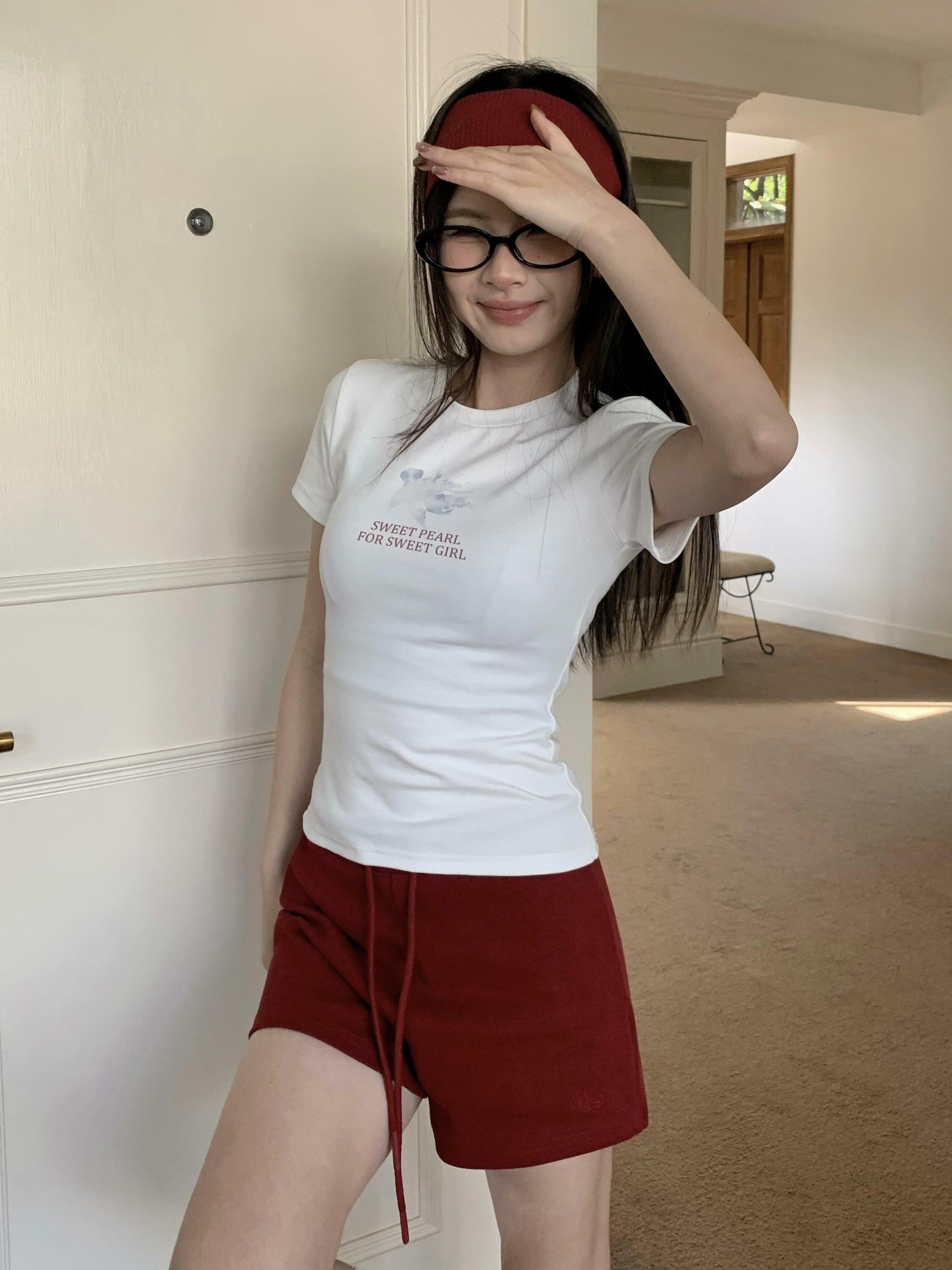 Korean Style Ink Wash Printed Short-Sleeve Fitted Slim Pure Cotton High-Stretch Trendy T-Shirt for Women