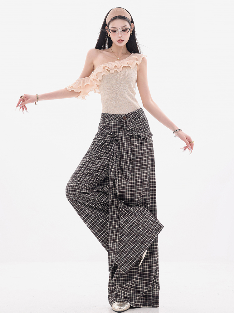 Korean Style Irregular Plaid Tie Design Casual Wide-Leg Pants for Women - Trendy 90s Inspired Fashion