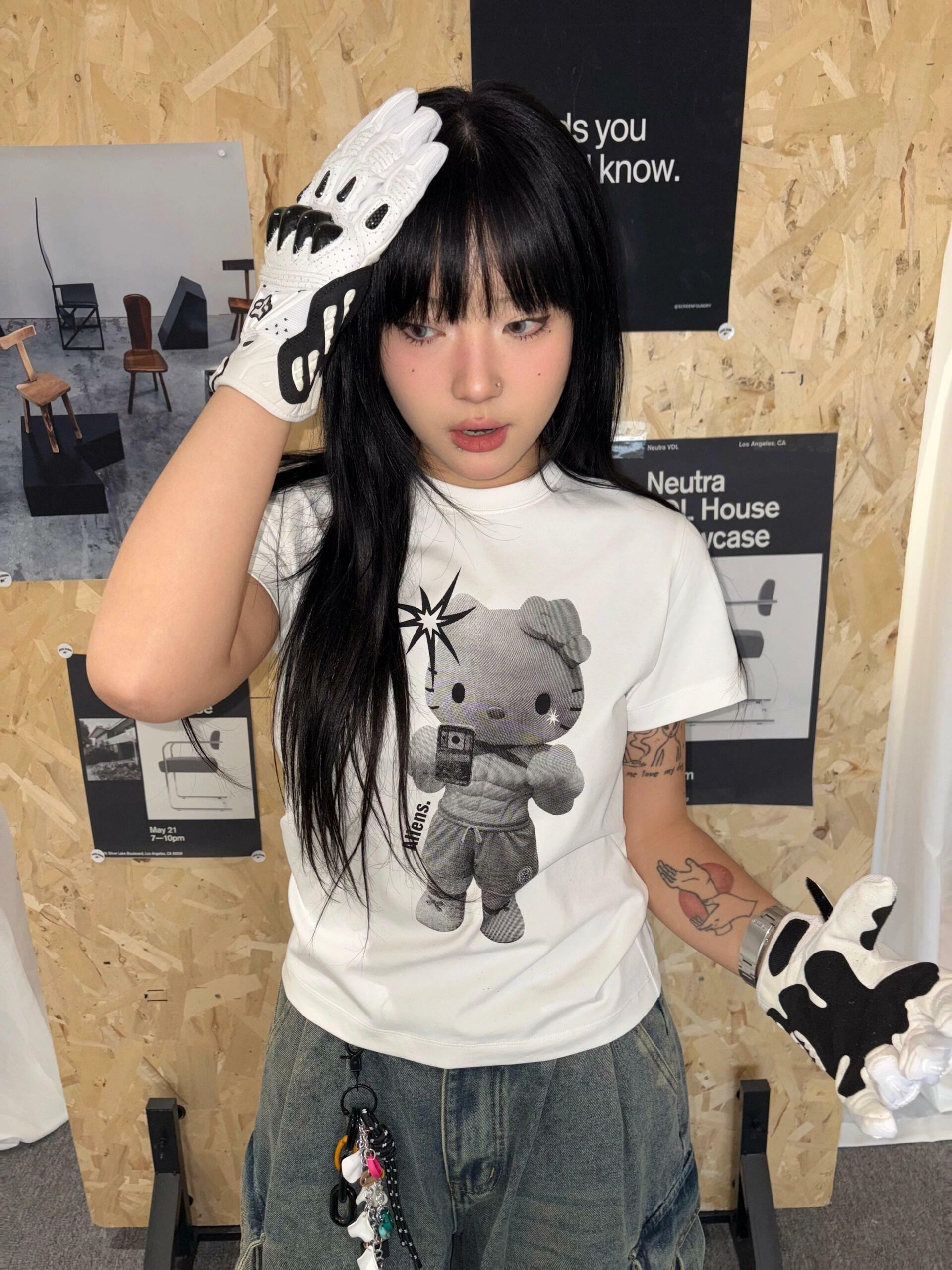Korean Style Kitty Cartoon Print Fitted Cotton Fitness Top - High Elastic Slim Short Sweet Girl's Tee