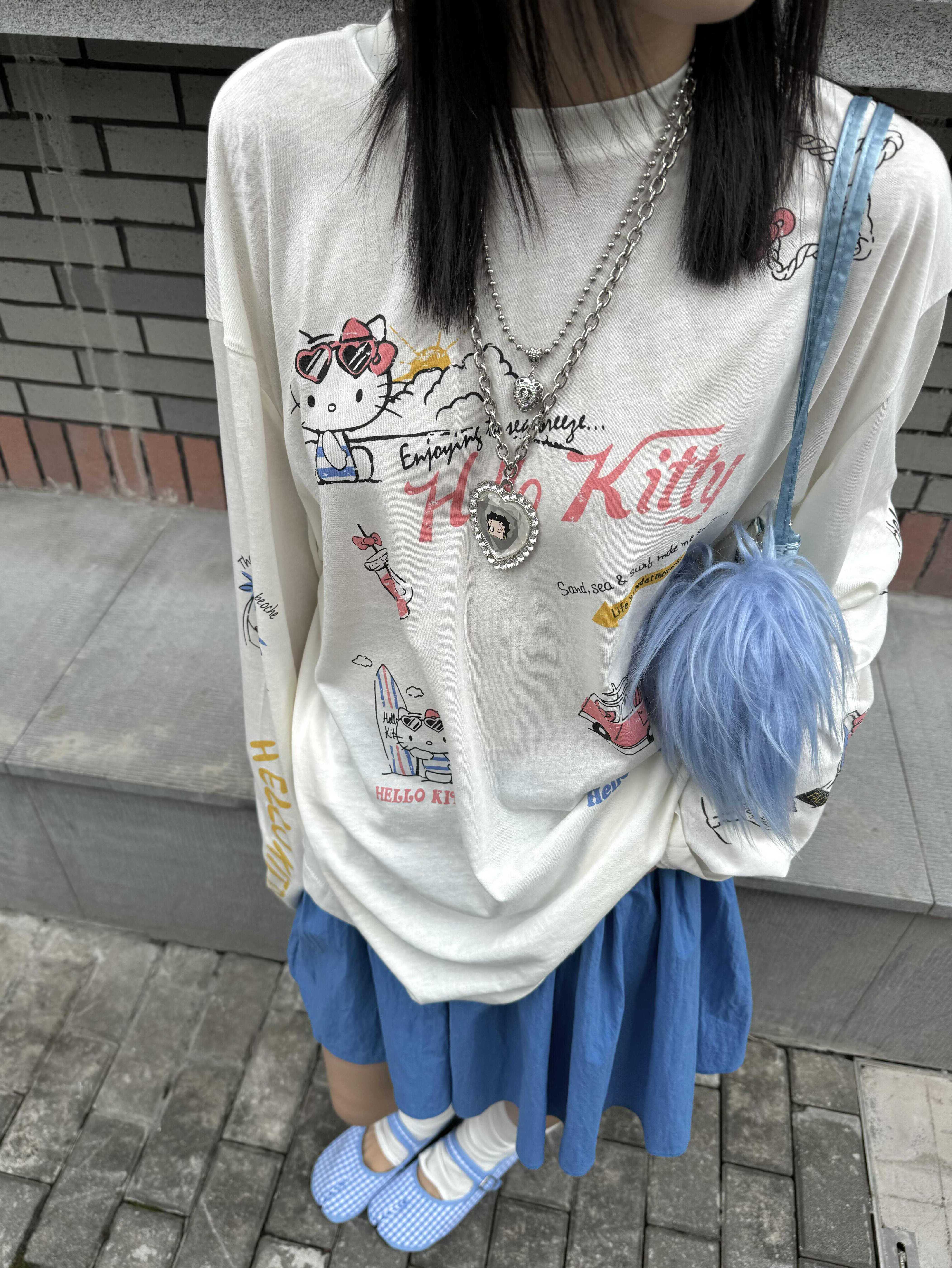 Korean Style Kitty Cat Print Casual Loose Long Sleeve Cotton Shirt for Women - Versatile Everyday Top
