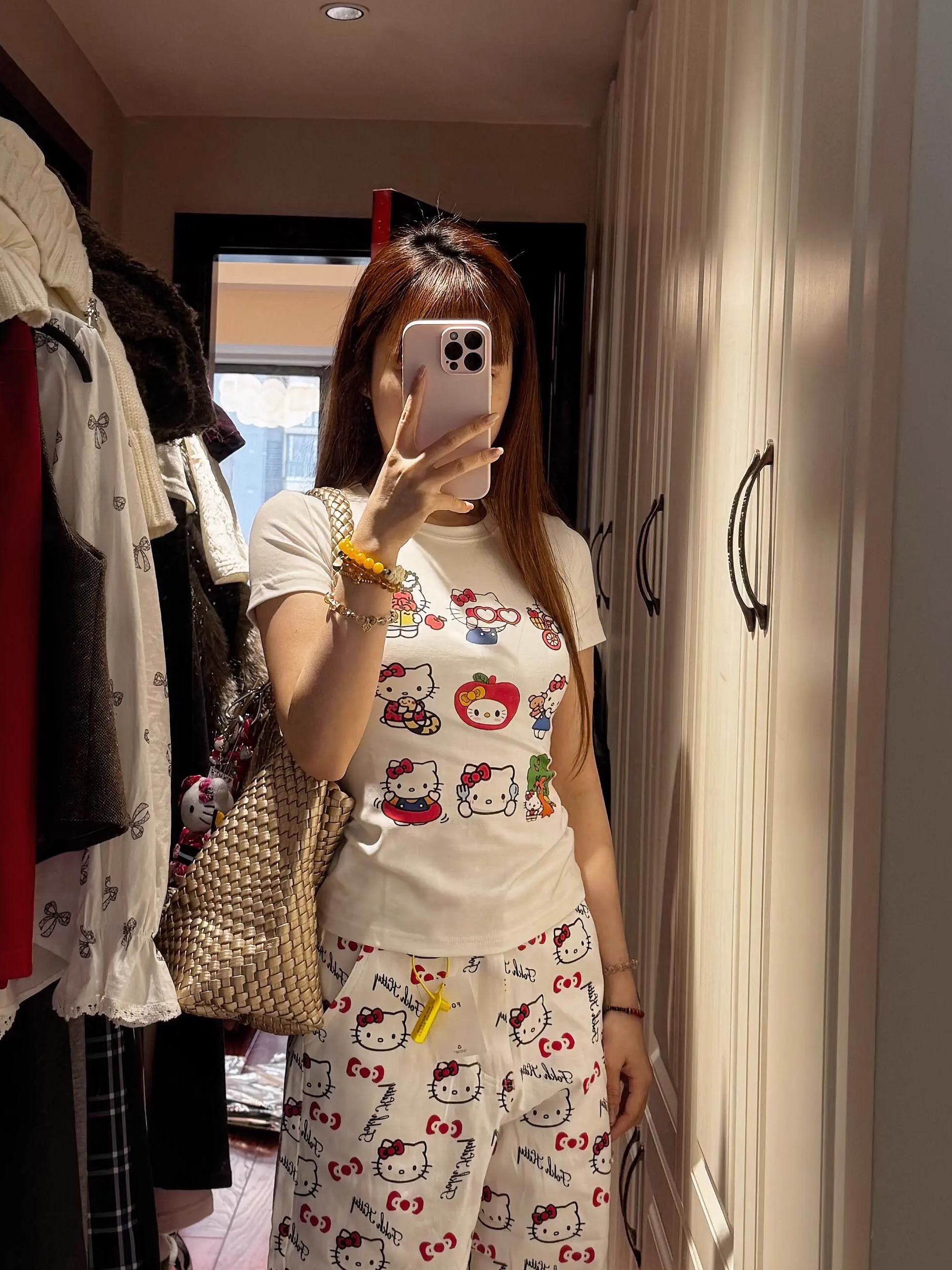 Korean Style Kitty Paradise Printed Short Sleeve Top - Fitted Slim Pure Cotton High-Stretch Sweet Girl Tee