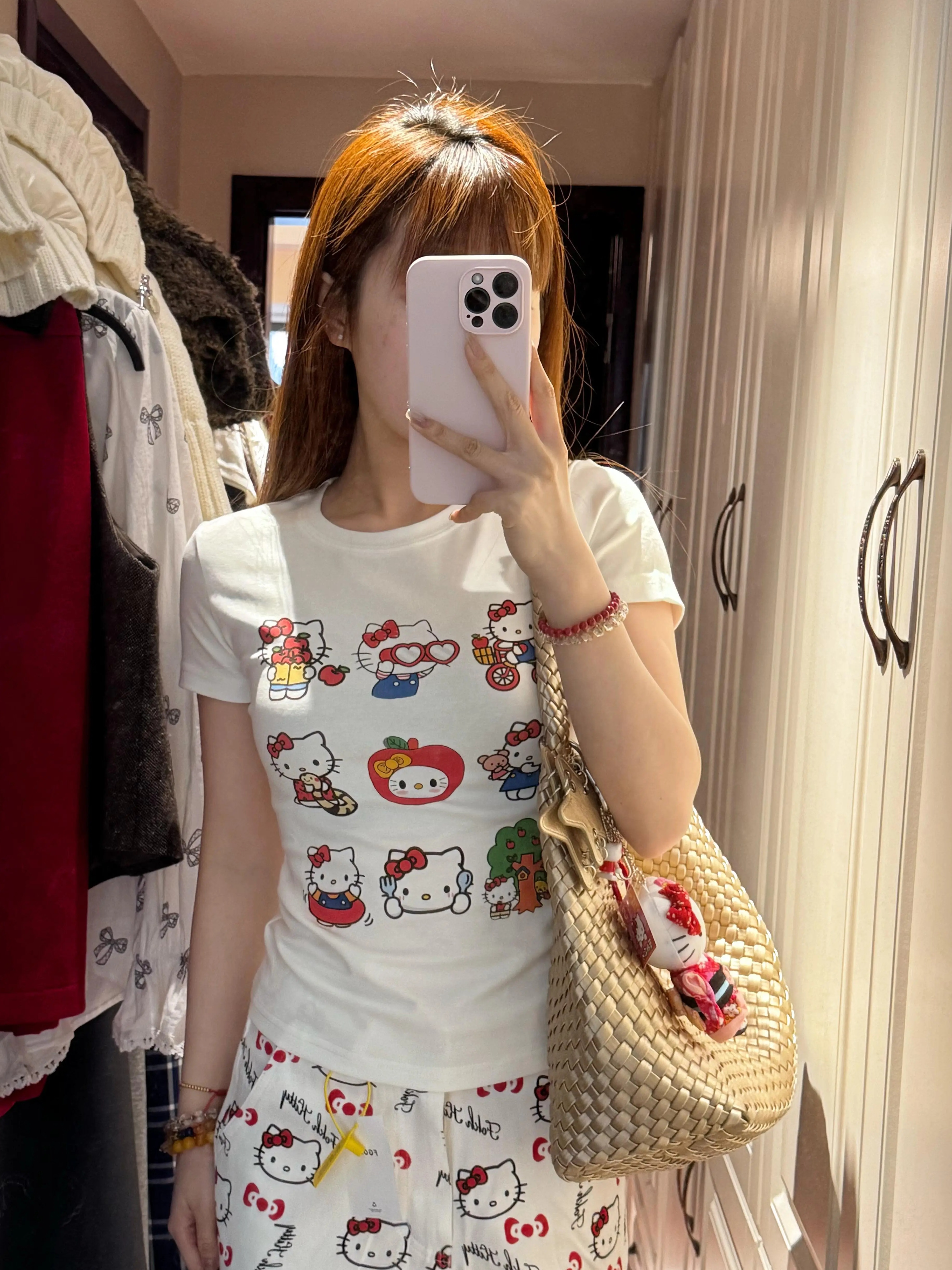 Korean Style Kitty Paradise Printed Short Sleeve Top - Fitted Slim Pure Cotton High-Stretch Sweet Girl Tee