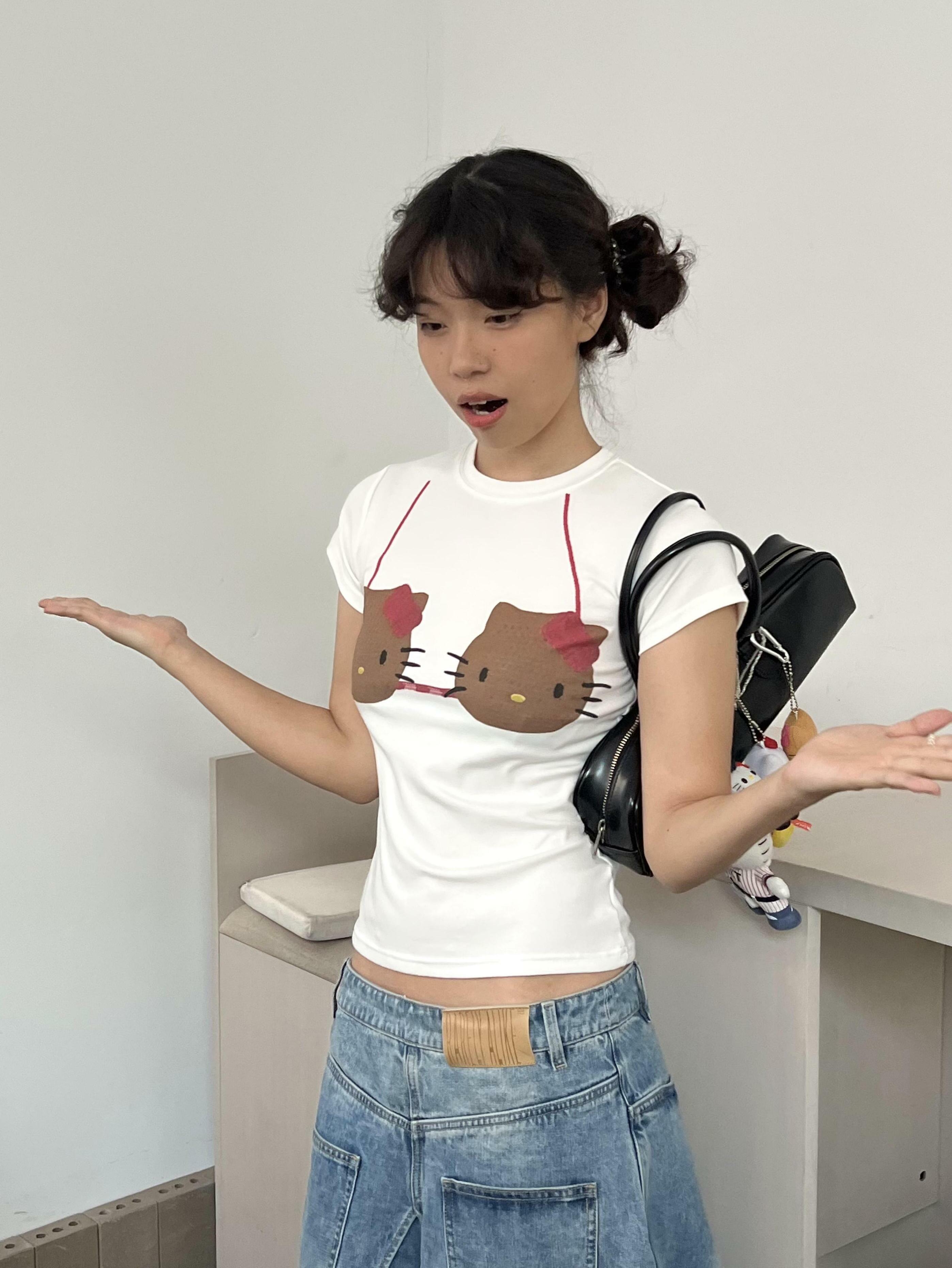 Korean Style Kitty-Themed Printed Short Sleeve Slim-Fit Cotton Top for Women - Sweet and Cool Age-Reducing Design