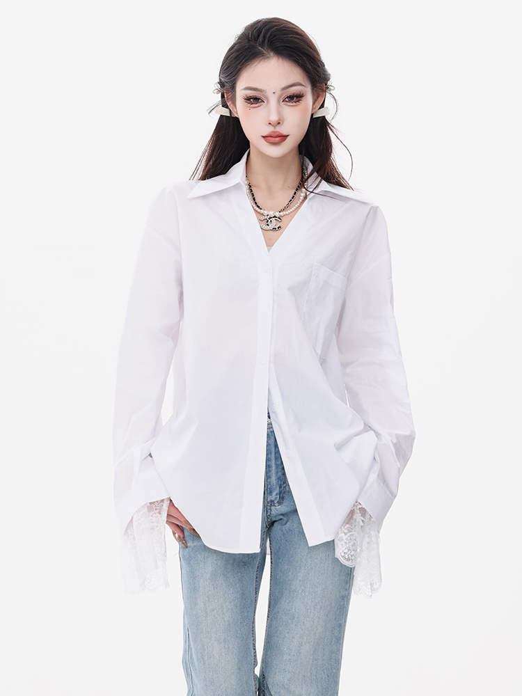 Korean Style Lace Design Spliced Fake Two-Piece Long Sleeve T-Shirt for Women - Elegant Spring Fashion Top