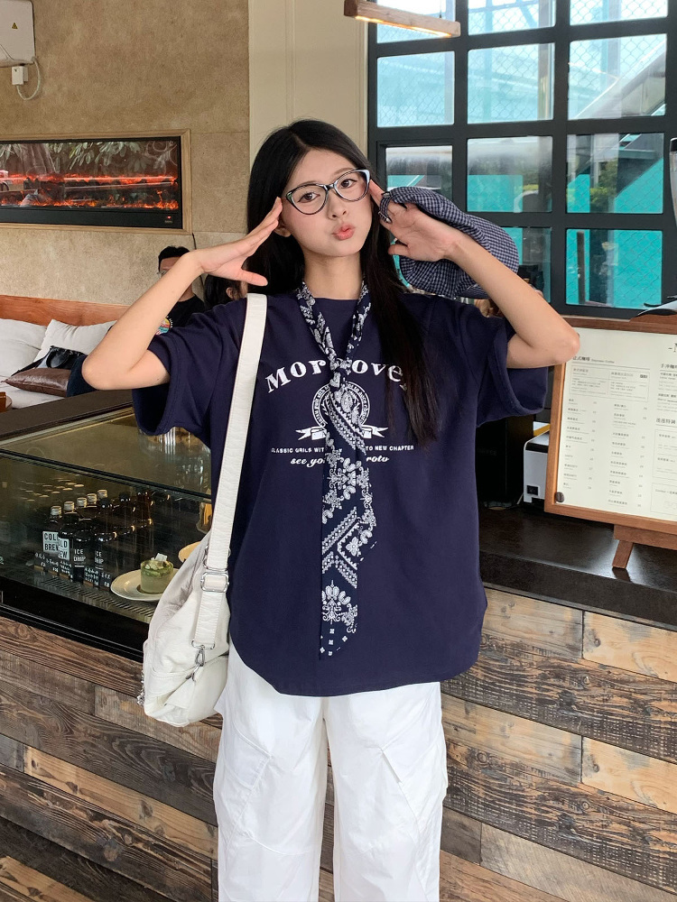 Korean Style Loose Fit Short Sleeve T-Shirt for Women with Scarf - Printed 2025 Summer Top - Casual American Fashion