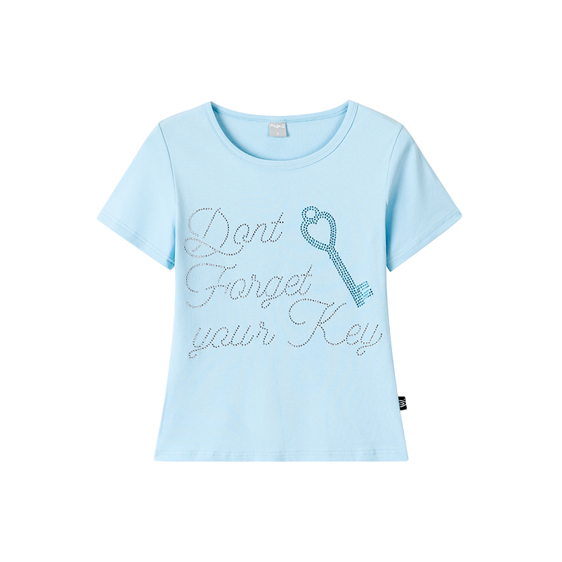 Korean-Style Love Key Rhinestone Short Sleeve Top for Women - Casual Cool Regular Fit Fashion Tee