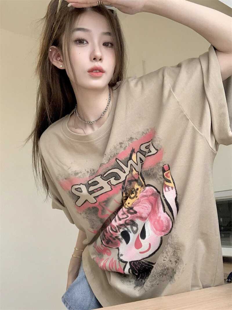 Korean-Style Mid-Length Cartoon Print Plus Size Cotton Short Sleeve T-Shirt for Women - Loose Fit Versatile Round Neck Top