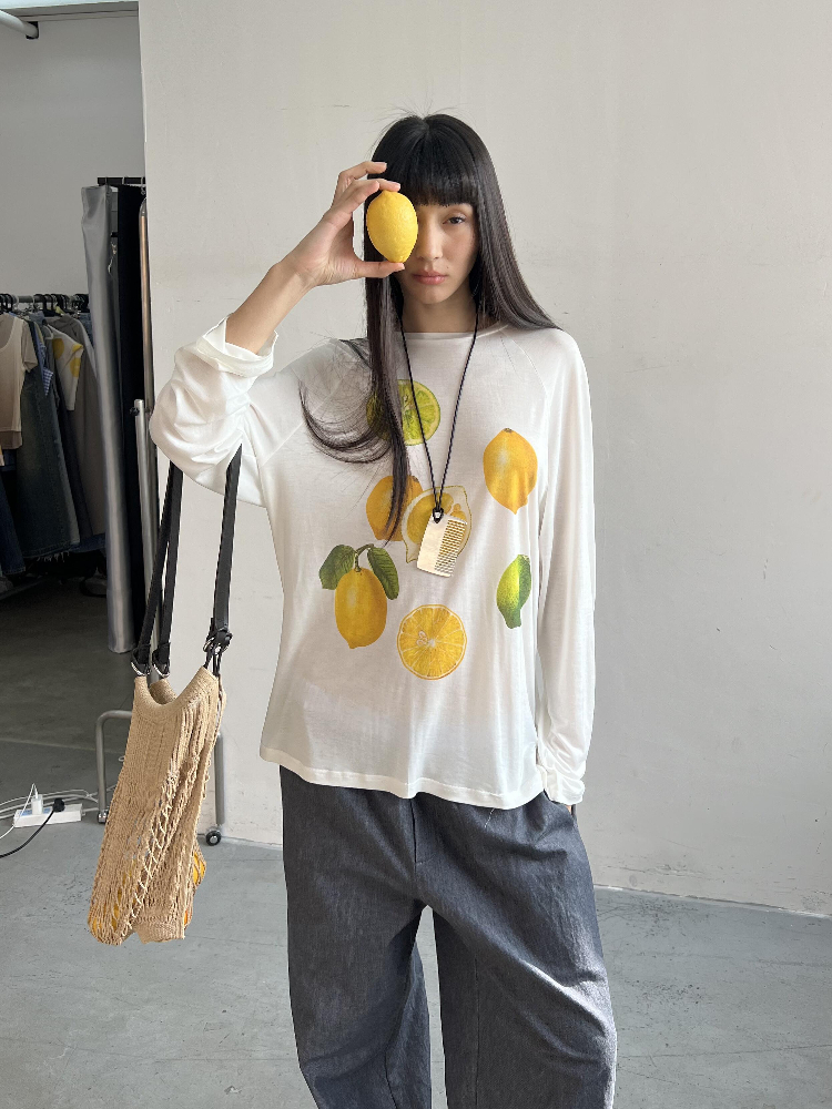 Korean Style Minimalist Clear Lemon Print Long Sleeve T-Shirt for Women - Casual Sun Protection Cotton Cover-Up