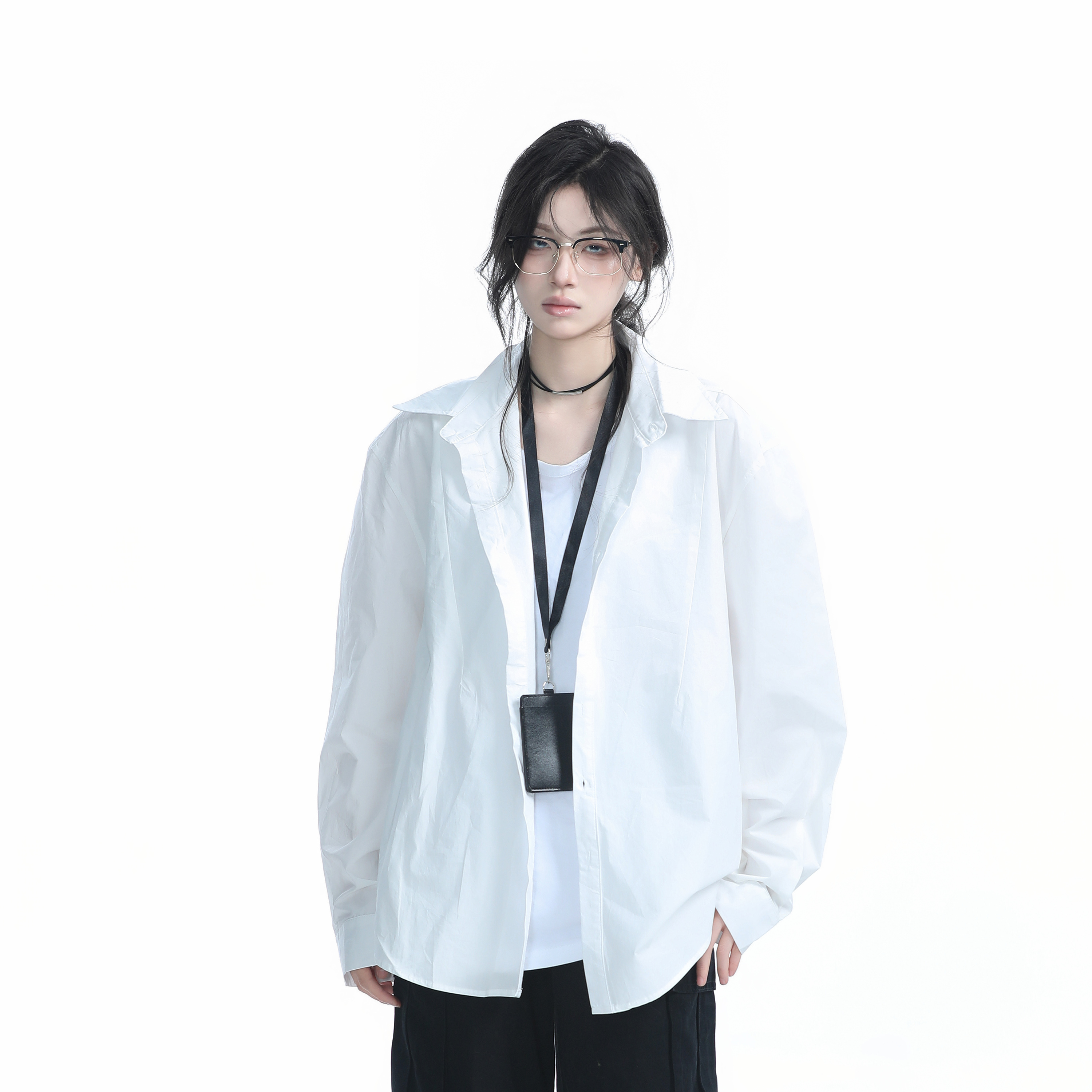 Korean Style Oversized Black Long Sleeve Shirt for Women - High-End Casual Autumn Top with "Sit and Eat Until the Mountains Are Empty" Design