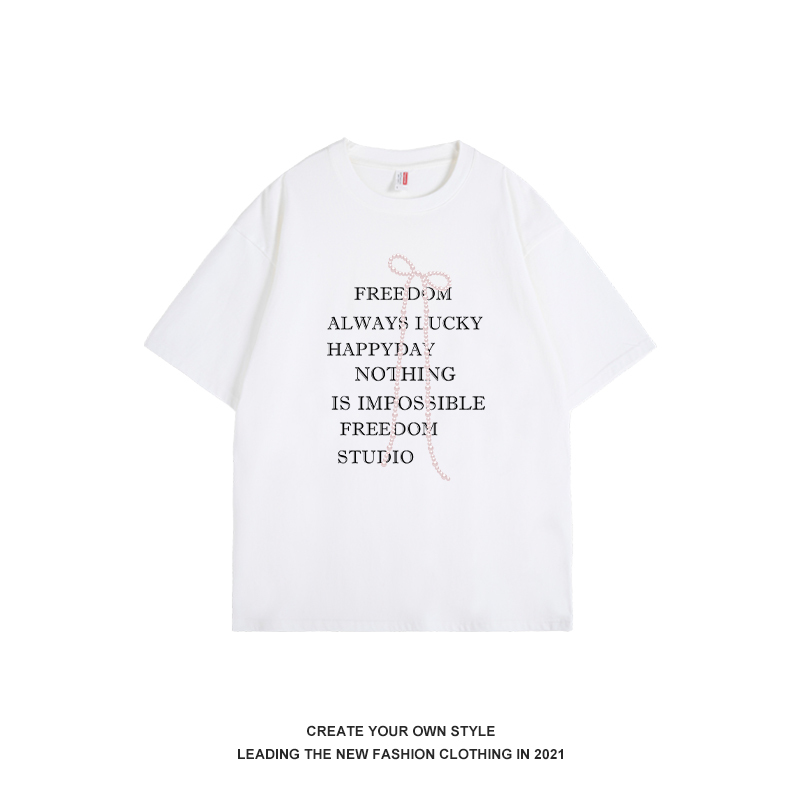 Korean-Style Pearl Bow Letter Print Black Short Sleeve Women's Summer Pure Cotton T-Shirt