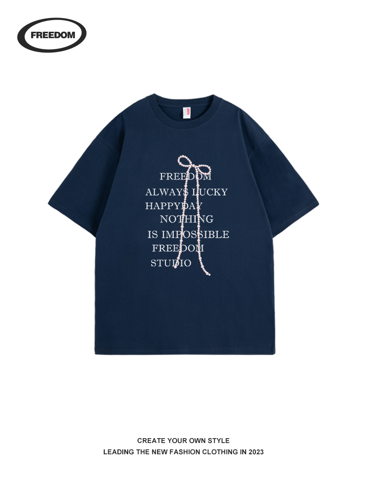 Korean-Style Pearl Bow Letter Print Black Short Sleeve Women's Summer Pure Cotton T-Shirt