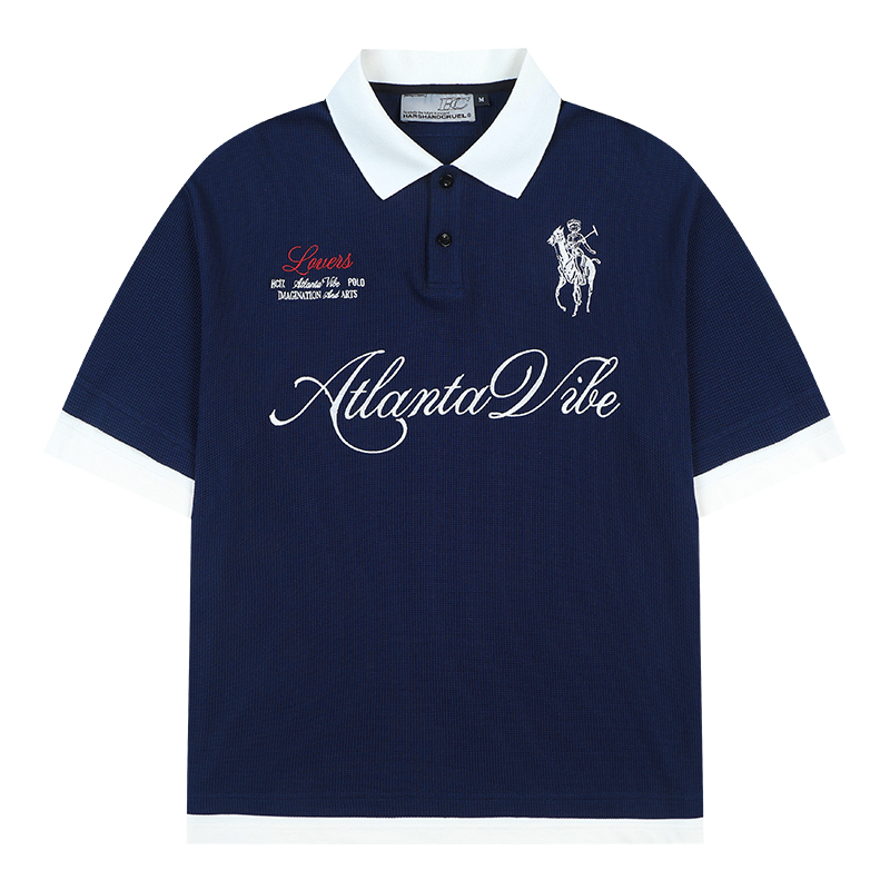 Korean-Style Retro Jersey Polo Shirt with Embroidered Collar - Short Sleeve Fake Two-Piece Design