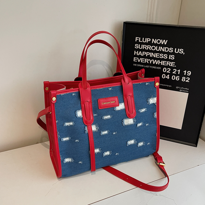 Korean-Style Ripped Denim Tote Bag for Women - Large Capacity Shoulder Crossbody Bag for Commuting - 2025 Fashion Trend