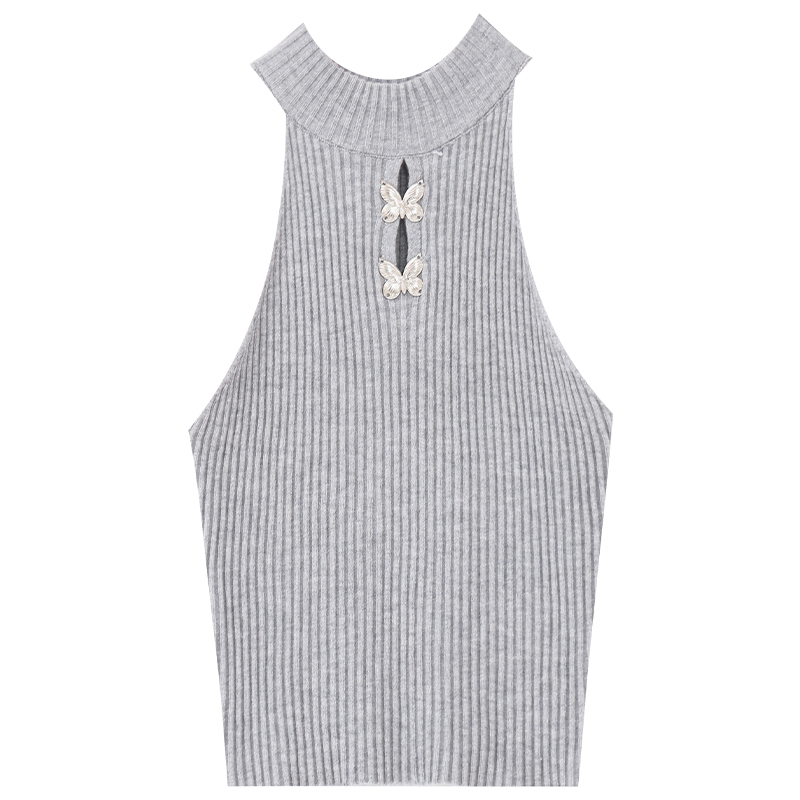 Korean Style Slim-Fit Solid Color Tank Top with Metal Butterfly Detail - Versatile Sexy Women's Hollow Design