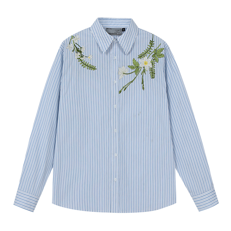 Korean Style Striped Long Sleeve Shirt with Plant Series Embroidery - Trendy OS Fashion Top for a Chic Look