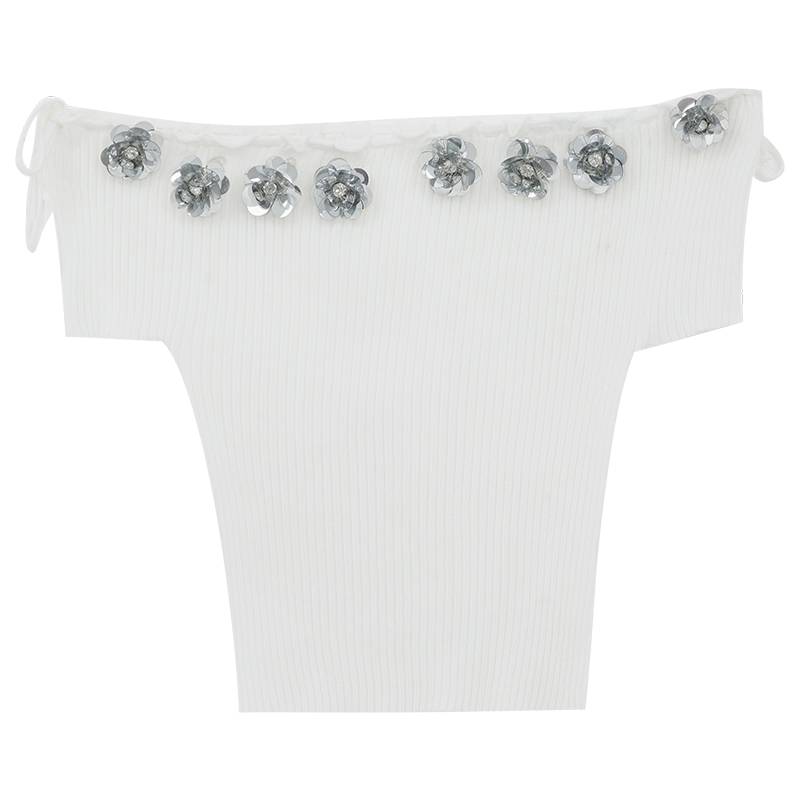 Korean Style Summer Backless One-Shoulder Knitted Top for Women with 3D Floral Design and Slim Fit Short Sleeves