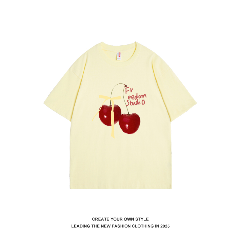 Korean-Style Sweet Cherry Bow Short-Sleeve Women's Summer Cotton T-Shirt - Versatile Design for Casual Wear