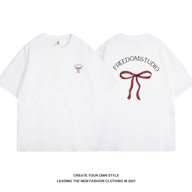 Korean Style Sweet Chic Bow Print Short-Sleeve Women's T-Shirt - Casual Summer 2025 Pure Cotton Fashion Top