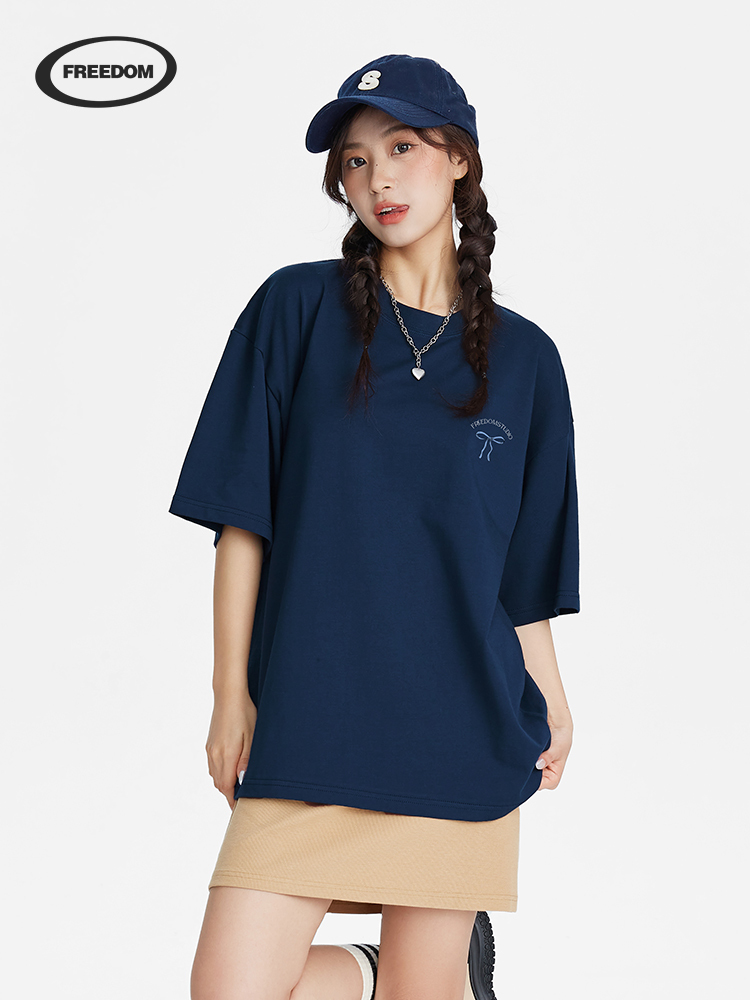 Korean Style Sweet Chic Bow Print Short-Sleeve Women's T-Shirt - Casual Summer 2025 Pure Cotton Fashion Top