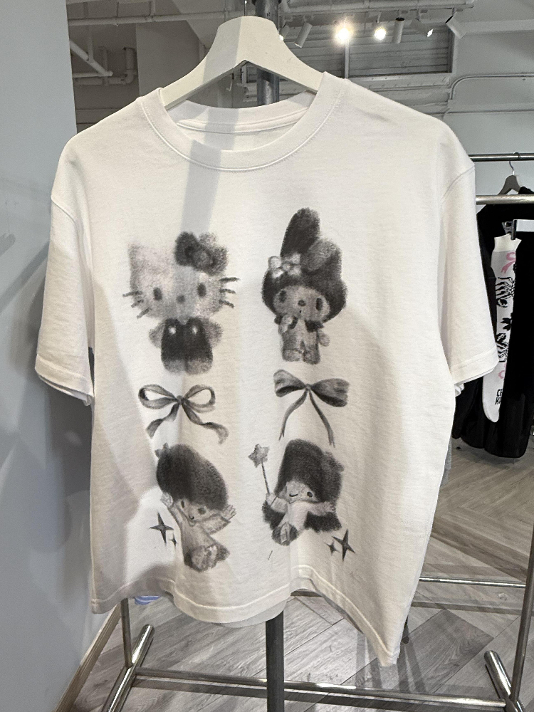 Korean Style Youthful Kitty Cartoon Print Casual Loose Fit Pure Cotton Short-Sleeve T-Shirt Top