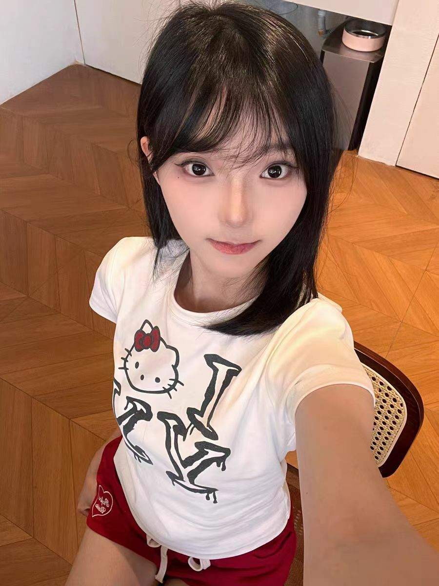 Korean Vintage Hello Kitty Letter Print White Round Neck Short Sleeve Slim Fit Women's Top 90s Y2K Style