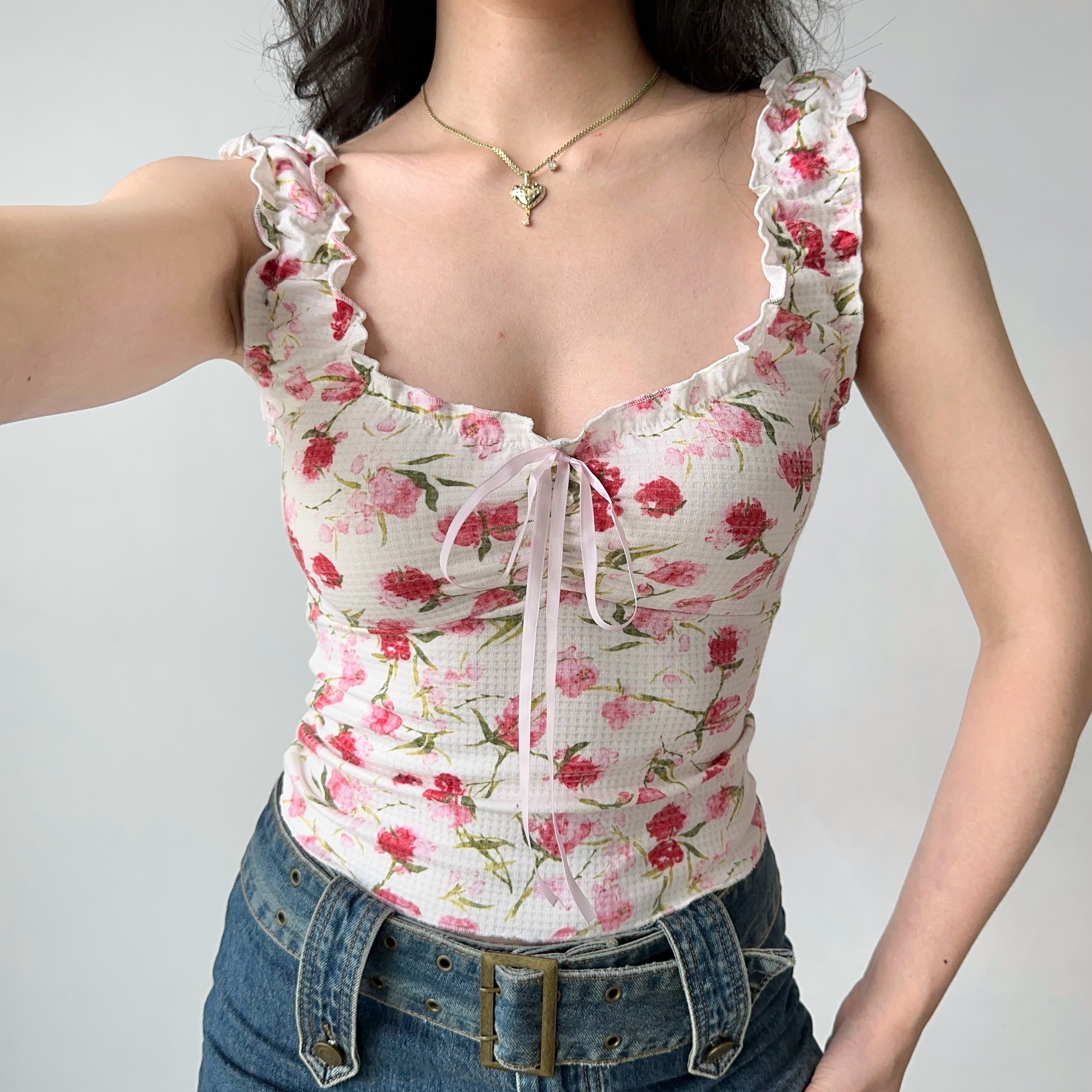 Lace Edge Printed Sleeveless Slim Top for Women - European American Style Summer Fashion